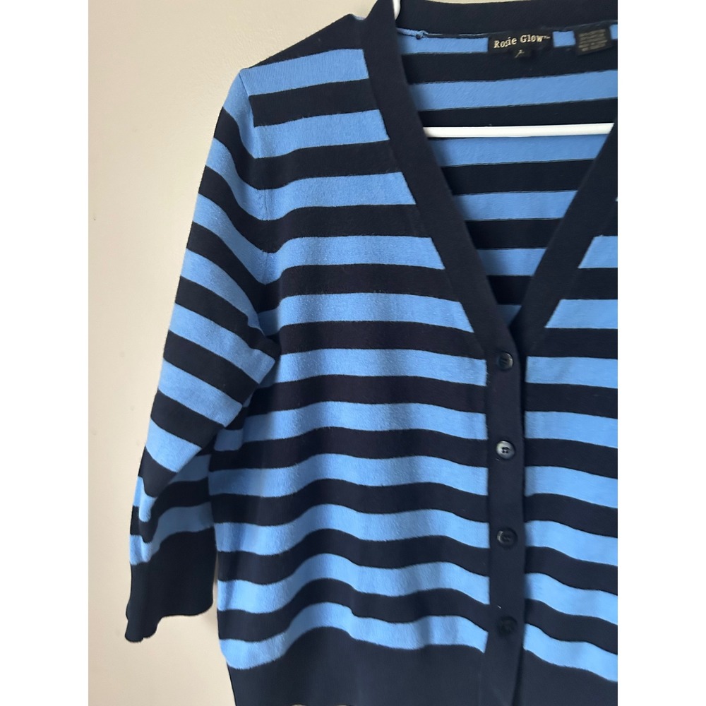 Y2K  Women's Striped V-Neck 3/4 Sleeve Button Front Cardigan Blue Black Normcore - Picture 3 of 5